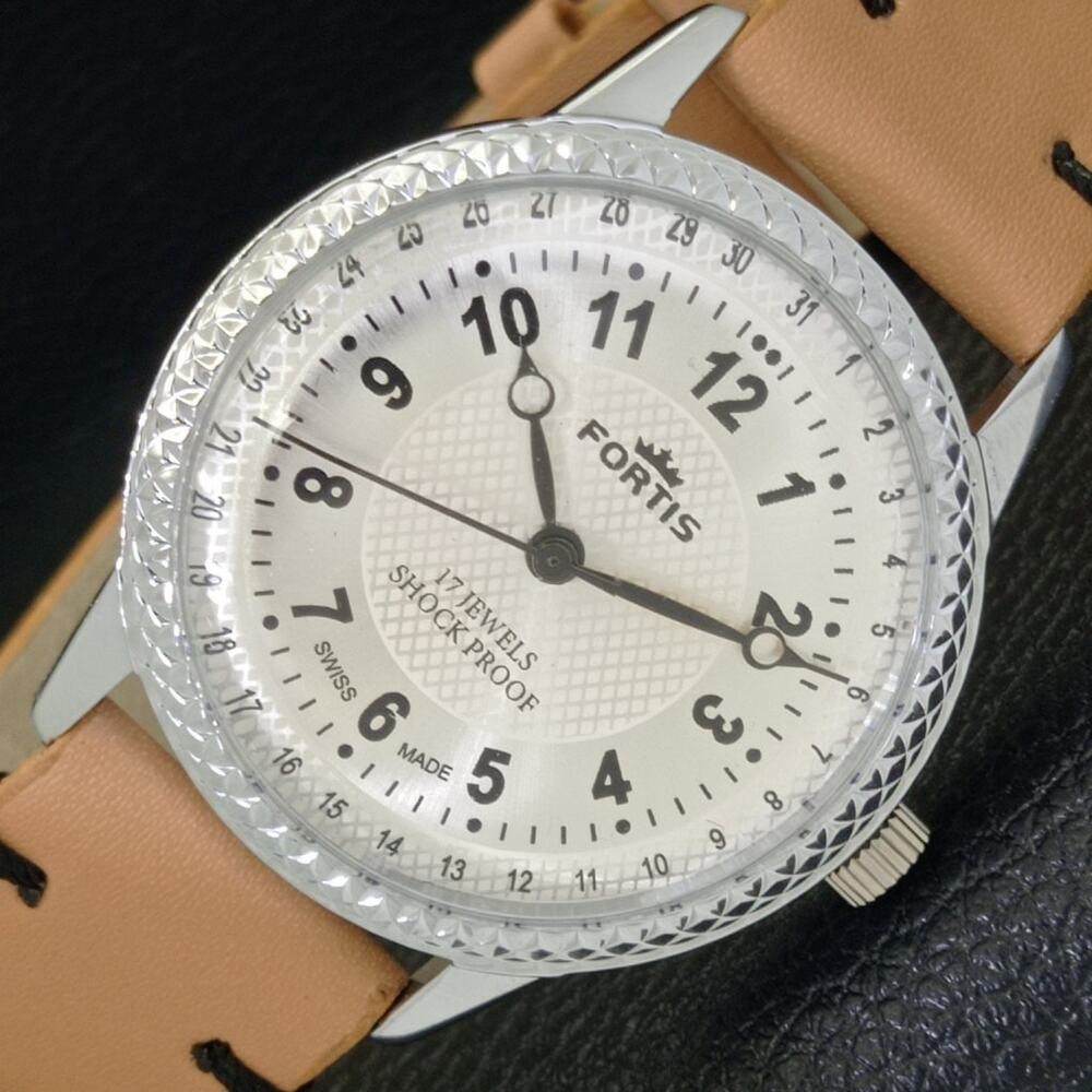 Vintage 1970 Fortis Manual Mens Silver Watch W/Leather Strap & Black accents